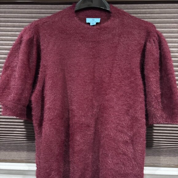 CeCe Women's Burgundy Short Sleeve Mock Neck Eyelash Knit sweater SZ: XL - Picture 3 of 13